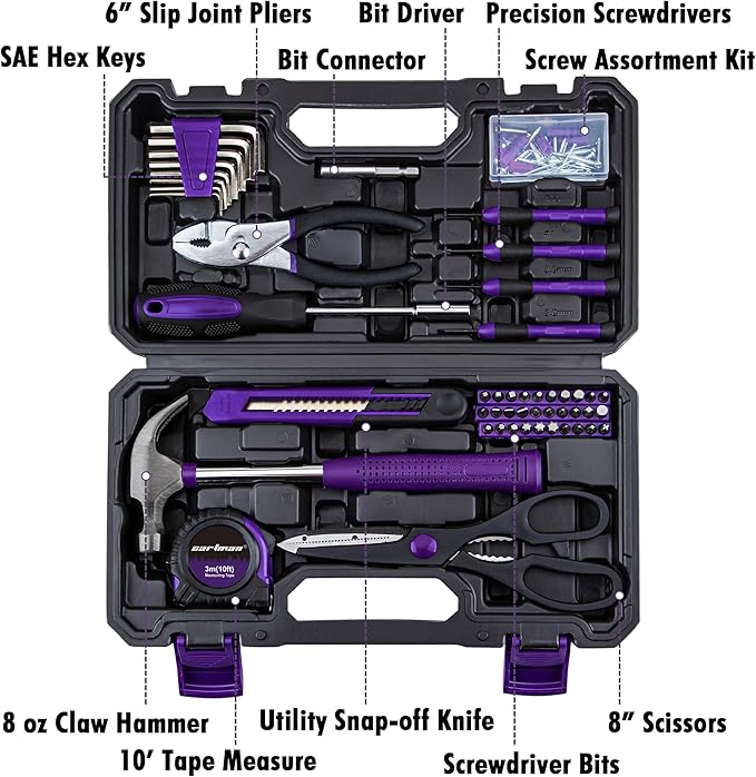 CARTMAN Home Tool Set Kit, Basic Household Hand Tools with Storage Case Purple