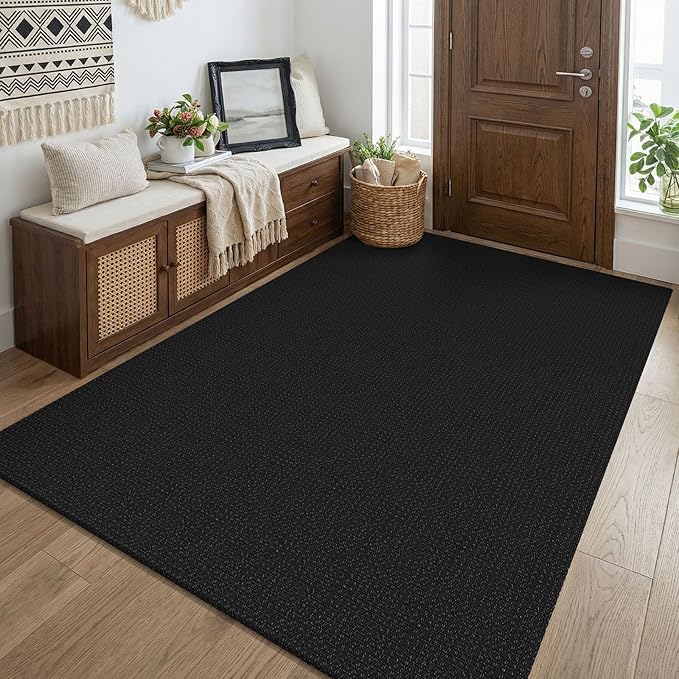 KOZYFLY Black Washable 4x5 Entry Woven Area Rug, Braided Throw Rugs for Entryway, Non Slip Door Mat Indoor Entrance, Flatweave Carpet for Foyer, Bedroom, Dining, Office, Black/Dark Grey