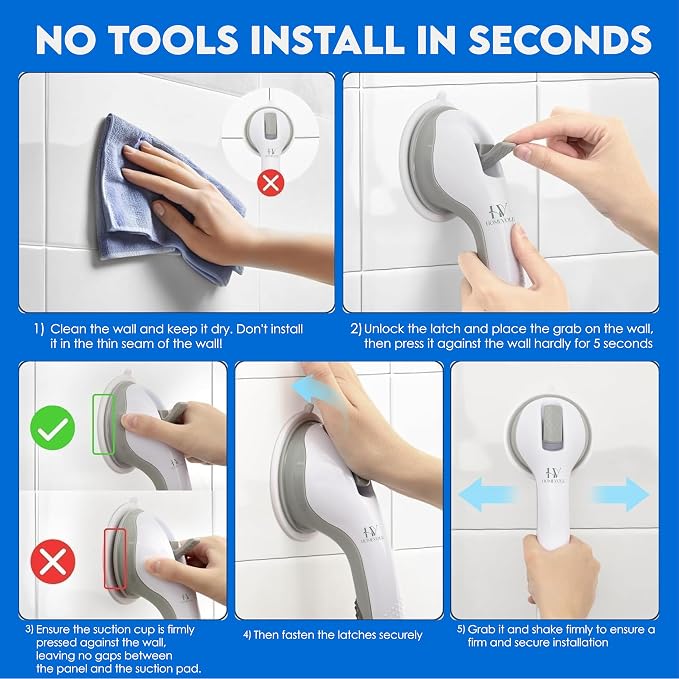 Shower Grab Bars for Elderly, Suction Shower Handles for Bathroom Safety, Non-Slip Shower Safety Bars for Seniors, Removable Grab Bars for Shower Walls, Bathtub Support 16 Inch (2 Pack)