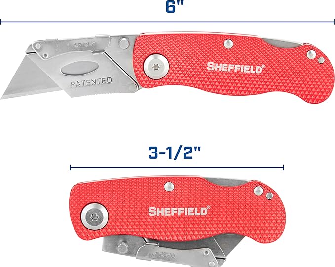 Sheffield Folding Utility Knife, Accepts Standard Utility Knife Blades, Box Cutter Aluminum Handle, Razor Blades Included, For Home, Office, Trades, and Warehouse