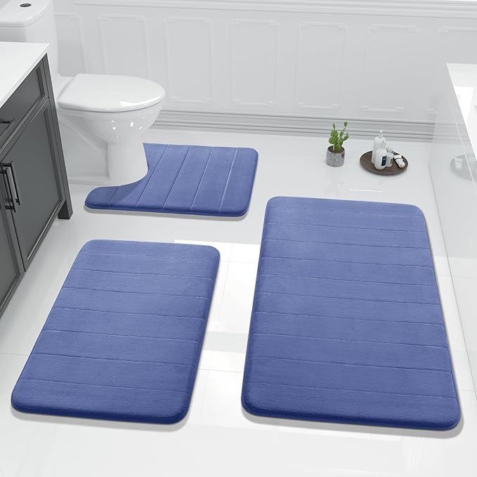 Yimobra 3 Pieces Memory Foam Bath Mat Set with U-Shaped Toilet Rug - Non Slip Super Soft Absorbent Quick Dry Bathroom Rugs for Bathtub, Vanity & Toilet Base, Navy Blue