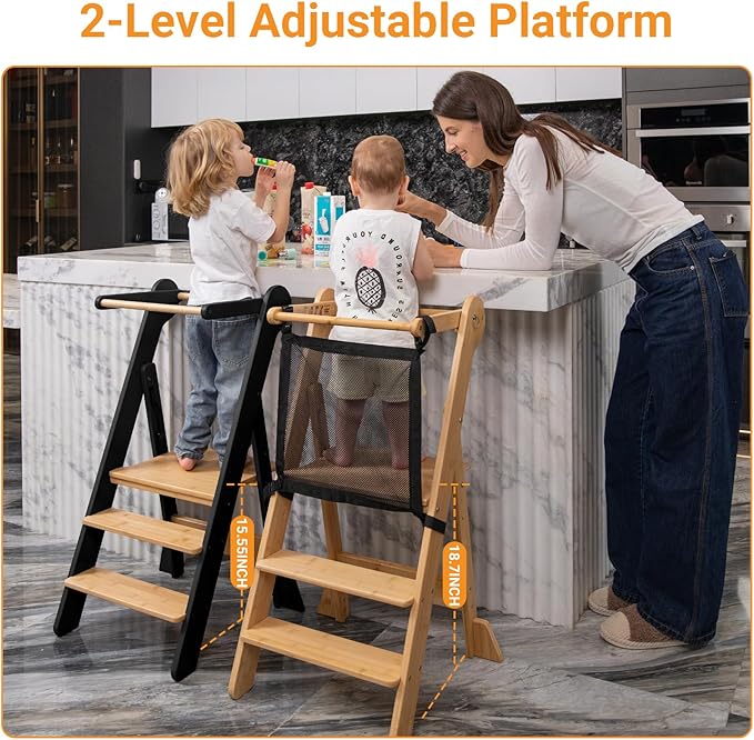 COSYLAND Foldable Toddler Standing Tower - Adjustable Height Folding Step Stool Kid Toddler Kitchen Stool for Learning and Cooking - Ages 18 Months to 6 Years with Safety Net Natural & Charcoal