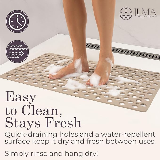 Non Slip Shower Mat for Bathtub, Beige TPE Bath Mat with Strong Suction Cups, Quick-Dry Drain Holes, Soft Textured Surface, Spa-Inspired, 30x17 Inch