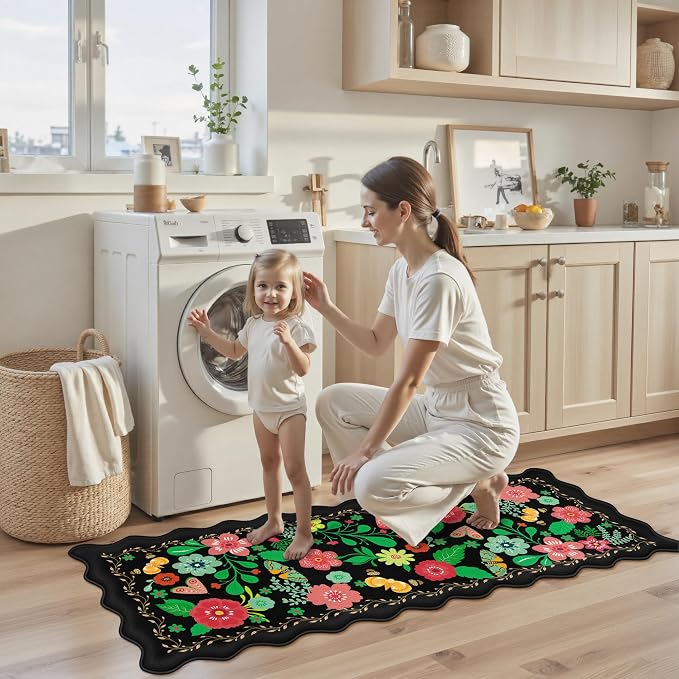 Arenarug Scalloped Black Kitchen Mats for Floor Cushioned Anti Fatigue Kitchen Mats Rugs Waterproof Non Slip Farmhouse Boho Floral Comfort Foam Standing Mat for Sink Laundry, 17.3x47