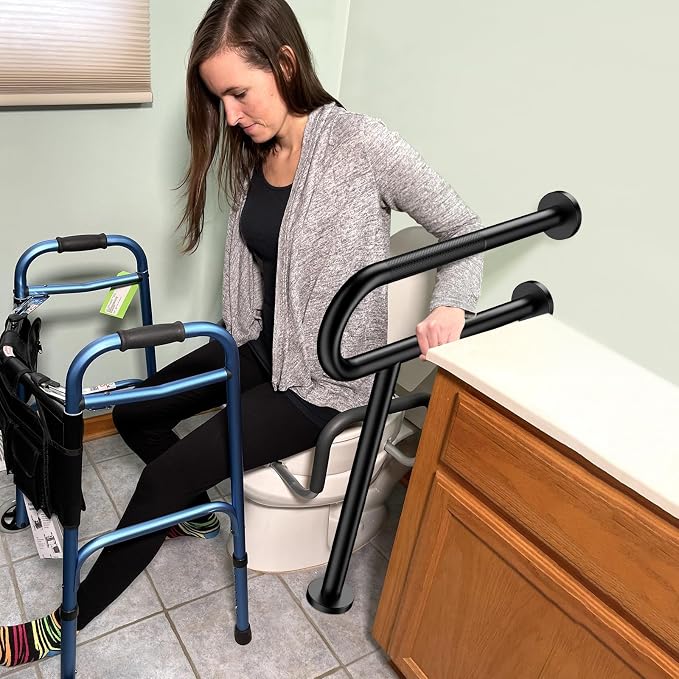 Toilet Support Rail 24X 28 Inch, Munzong Anti-Slip Black Handicap Grab Bar for Bathroom, Stainless Steel Knurled Safety handrails with Leg for Elderly Disabled Pregnant-1.25’Tube