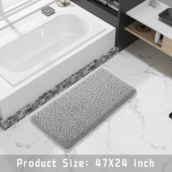 Yimobra Fluffy Plush Bath Rug, Super Shaggy Soft Comfortable Non Slip, Water Absorbent Microfiber Bath Mat, Dries Quickly, Machine Washable Thick Bathroom Rugs for Shower, 47" X 24", Pure Gray