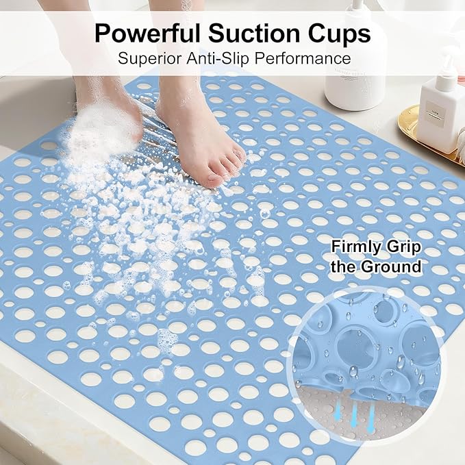 Anti Slip Shower Mat with Suction Cups,27x27 Inch Quick Drain TPE Non Slip Shower Mats for Inside Shower,Large Bath Mat for Shower Soft on Feet, Easy to Dry&Cut Machine Washable