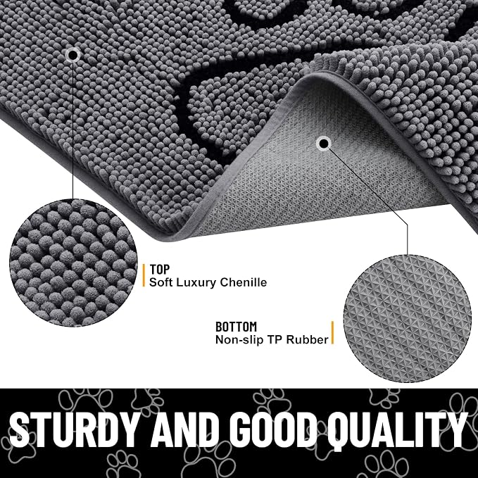 Smiry Dog Door Mat for Muddy Paws, Absorbent Dirt Trapper Non Slip Quick Dry Washable Chenille Mat for Mud Dogs, Entry Rug for Indoor and Outdoor (47x32 Inches, Dark Grey and Black)