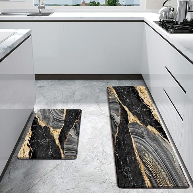 Bulijojo Black Ink Abstract Marble Anti Fatigue Kitchen Floor Mats Set of 2 Waterproof Kitchen Sink Runner Rug Standing Mat Cushioned Kitchen Rugs Comfort Doormat 17"x47"+17" x30“