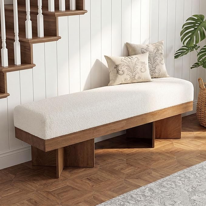 LITTLE TREE 55" Entryway Bench with Faux Lamb Wool, Upholstered Bench with X-Legs, for Living Room, Bedroom, or Foyer (White & Light Walnut)
