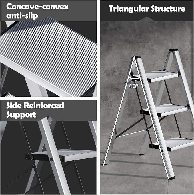 Taranta 3 Step Ladder,Aluminum Lightweight Folding 3 Step Stool with Anti-Slip Wide Pedal,330lbs Capacity Step Ladder for Household,Kitchen,Office - Silver