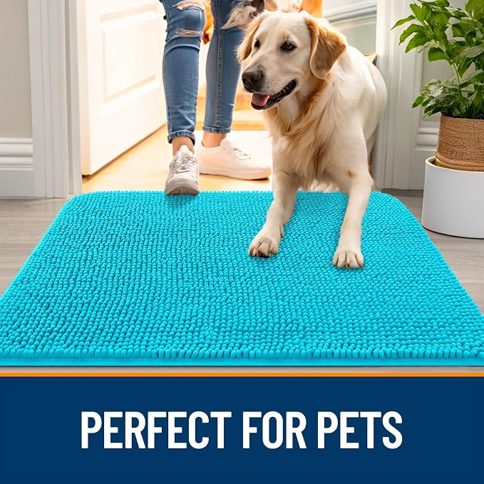 OLANLY Dog Door Mat for Muddy Paws 50x30, Absorbs Moisture and Dirt, Absorbent Non-Slip Washable Doormat, Quick Dry Chenille Mud Mat for Dogs, Entry Indoor Entryway Carpet for Inside Floor, Aqua Blue