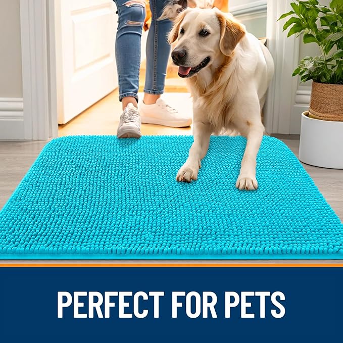 OLANLY Dog Door Mat for Muddy Paws 70x35, Absorbs Moisture and Dirt, Absorbent Non-Slip Washable Doormat, Quick Dry Chenille Mud Mat for Dogs, Entry Indoor Entryway Carpet for Inside Floor, Aqua Blue