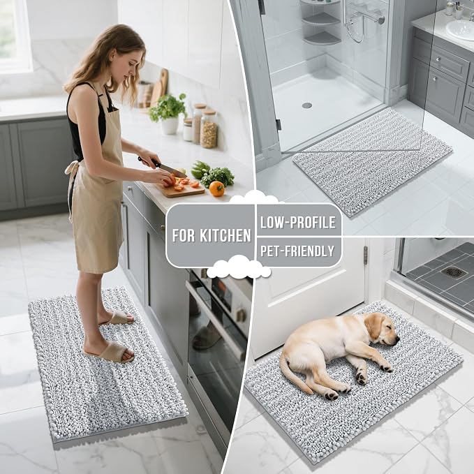 Yimobra Bathroom Rugs Non Slip Washable 32x20 Inch - Ultra Soft Absorbent Chenille Bath Mat, Quick Dry Shaggy Floor Carpet for Tub Shower, Silver Home Decor Accessories