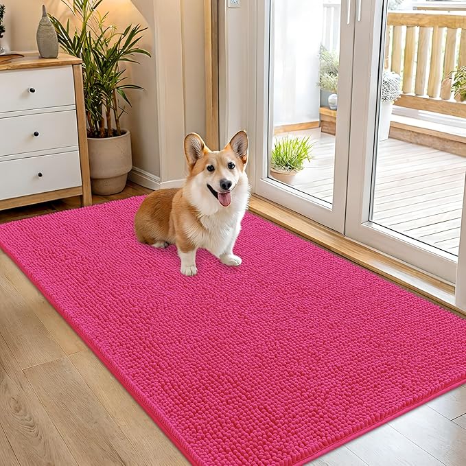 OLANLY Dog Door Mat for Muddy Paws 54x32, Absorbs Moisture and Dirt, Absorbent Non-Slip Washable Doormat, Quick Dry Chenille Mud Mat for Dogs, Entry Indoor Entryway Carpet for Inside Floor, Hot Pink