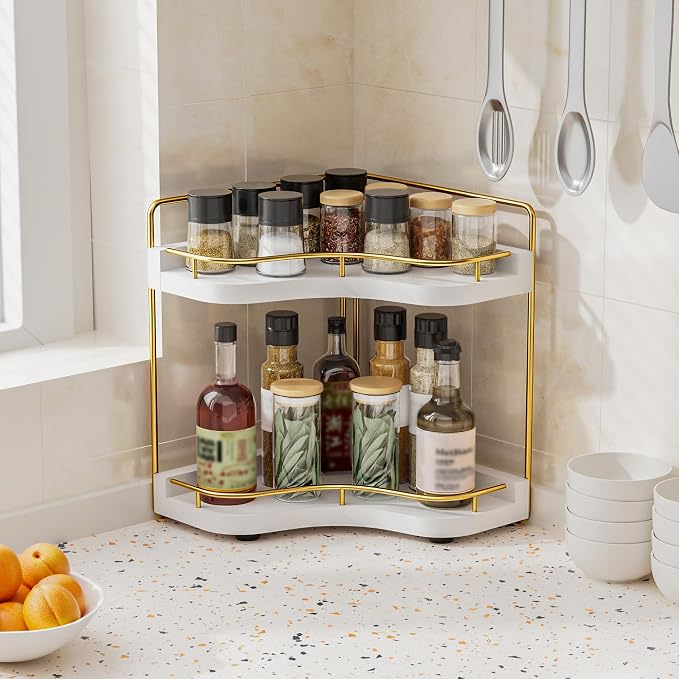 2-Tier Corner Bathroom Counter Organizer with Embedded Screw Holes, Secure & Stable Wood Vanity Shelf for Makeup and Skincare Essentials - Space Saving Bathroom Countertop Storage, White Gold