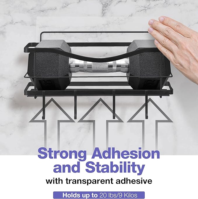 KINCMAX Shower Caddy and Soap Holder Set, Rustproof SUS304 Stainless Steel, Adhesive Wall Mount Double Baskets 2-pack with Hooks (Matte Black)