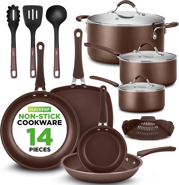 NutriChef 14-Piece Nonstick Brown Cookware Set - Scratch-Resistant Kitchen Pots and Pans with Lids & Utensils, For All Cooktops - NCCW14SBR