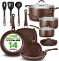 NutriChef 14-Piece Nonstick Brown Cookware Set - Scratch-Resistant Kitchen Pots and Pans with Lids & Utensils, For All Cooktops - NCCW14SBR