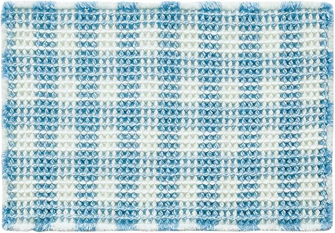 TYUU Waffle Bath Mat, Boho Bathroom Rugs Non Slip Washable Absorbent Checkered Bathroom Mat Quick Dry Cute Bath Mat, 24"x16" Blue and White