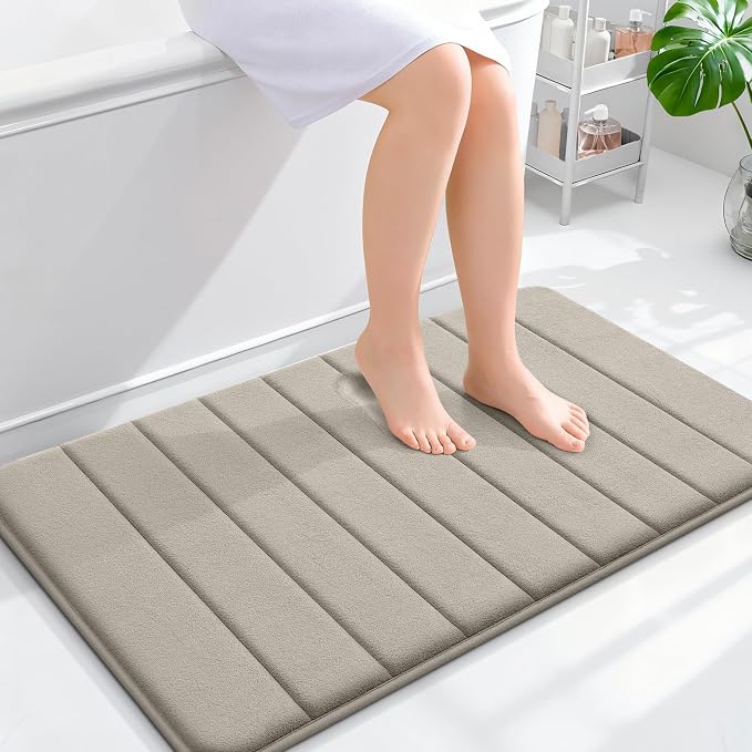 OLANLY Memory Foam Bath Mat 35x24, Super Soft Absorbent Bathroom Rugs, Quick Dry, Machine Washable Shower Floor Rugs, Bathmat Carpet, Bathroom Home Decor Accessories, Warm Taupe
