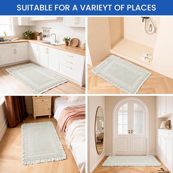 Waffle Bath Mat - Non Slip Bathroom Rugs - Washable Super Absorbent & Quick Dry Bath Mats with Tassels for Hallway Bedroom Laundry Room,24" x 72",Beige White