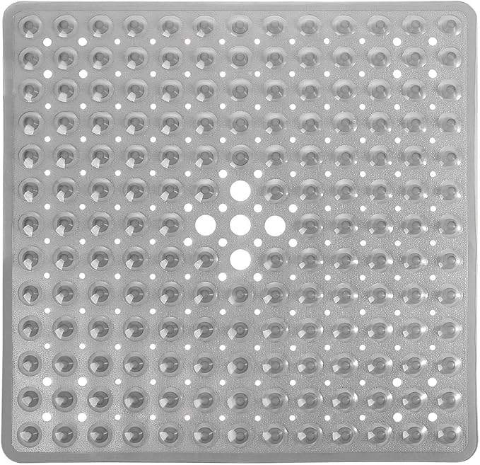 Yimobra Shower Mat 21X21 Inch Square, Non Slip Bathtub Mat with Large Suction Cups&Drain Holes, Soft Fast Dry Shower Stall Mats for Inside Shower, Machine Washable BPA-Free,Bath Essentials, Clear Gray