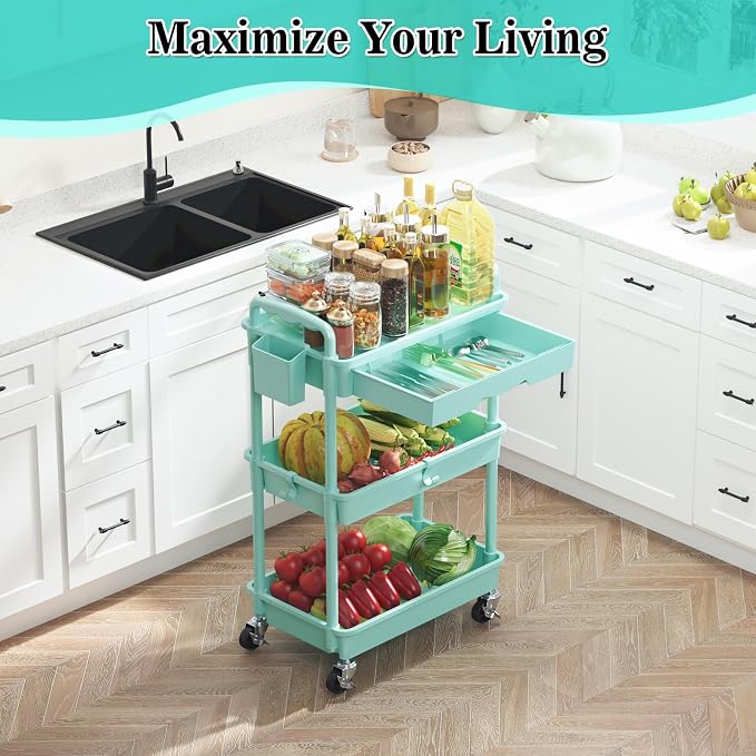 SUNALLY 3-Tier Rolling Cart with Drawer & Lockable Wheels, Bathroom Storage Organizer Multifunctional Rolling Storage Cart for Bathroom, Kitchen, Office, Craft, Makeup, Baby Essentials, Blue