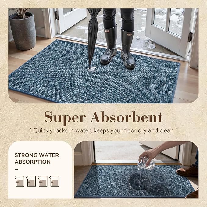 MontVoo Door Mat Indoor Entrance Doormat, Absorbent Durable Rubber Non Slip Front Door Mat for Inside Entry Entryway Dirt Trapper Welcome Mat, Navy Blue 17''x30''