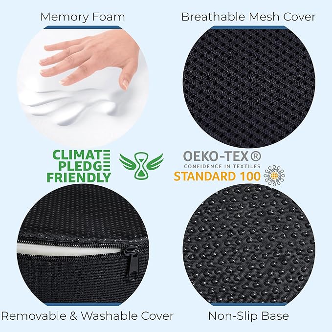 5 STARS UNITED Donut Pillow for Tailbone Pain & Hemorrhoids – Large Memory Foam Seat Cushion for Bed Sore-Prone Areas & Pressure Relief – Prostate, Postpartum & Pregnancy Support, Black Mesh Cover