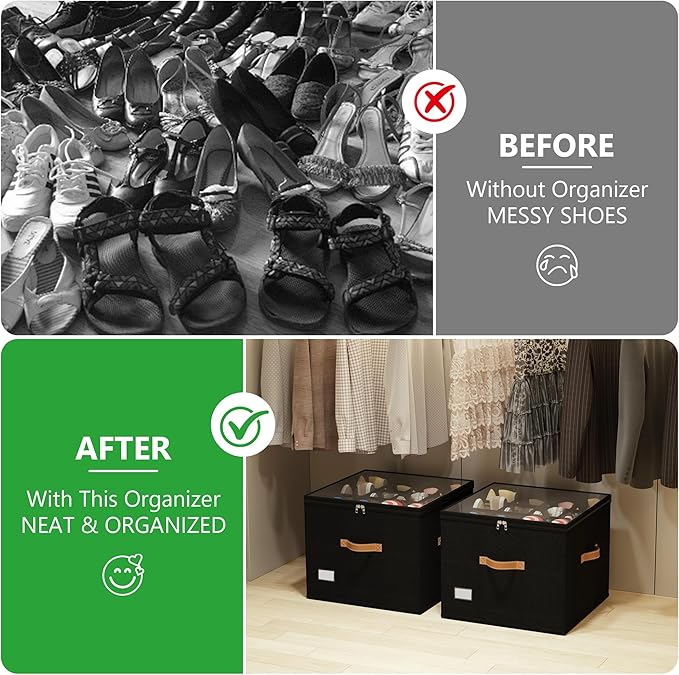 Vincona Shoe Organizer for Closet,2 Pack Shoe Storage Bins Foldable Shoe Storage Box Containers with Clear Cover and Sturdy Handles,Shoe Rack for Closet Storage for Sneakers Heels Slippers (Black)
