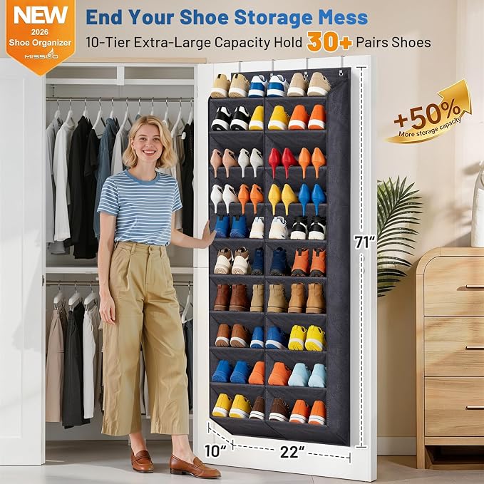 MISSLO 30-40 Pairs Over the Door Shoe Organizer for Closet 20 Extra Large Deep Pockets Hanging Shoe Rack for Door 10-Tier Heavy Duty Shoes Storage Hanger Fits Size 15 Sneakers, Boots, Heels, Black