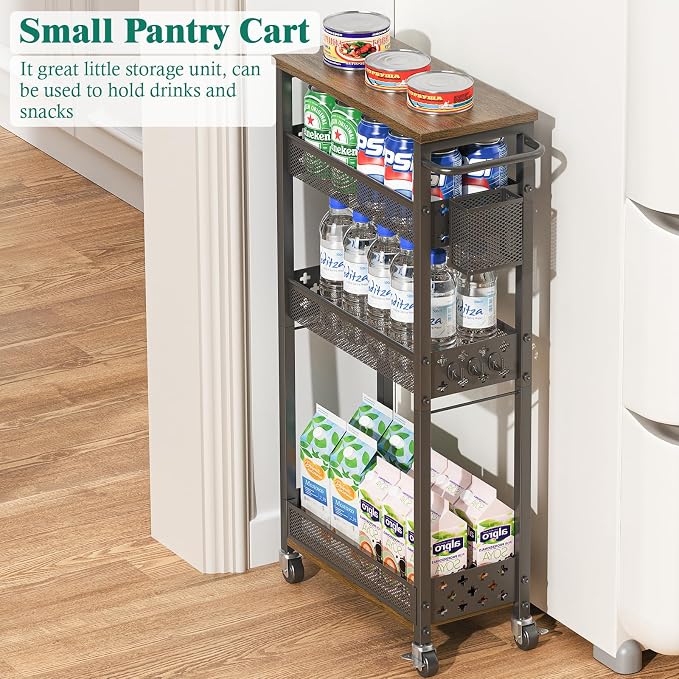 XYZLVSI Slim Storage Cart 4 Tier Laundry Cart with Wheels, Narrow Metal Kitchen Rolling Carts Bathroom Organizers Storage Shelf with Wood Rack and Handle for Small Space