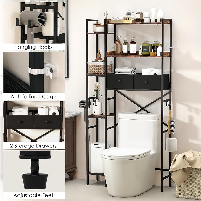 Over The Toilet Storage Shelf with Drawers, 7 Tier Above Toilet Bathroom Organizer Rack with Adjustable Shelves, Space Saver Stand Behind Toilet with Paper Holder & Hooks for Laundry, Brown