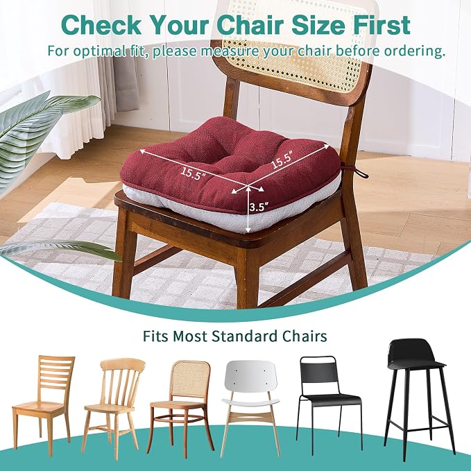 BETU Chair Cushions for Dining Chairs Set of 6,3.5" Thick Kitchen Table Chair Pads with Ties,Non Slip Backing and Covers, Home Decor Seat Cushion for Dining Room,Bar,Patio Chairs,15.5"X15.5"X3.5",Red