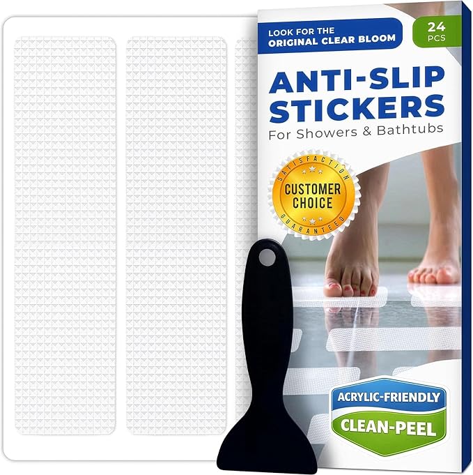 Clear Bloom Anti Slip Shower Stickers 24 PCS, White Non-Slip Shower Strips for Adults, Premium Adhesive Bath Tub Stickers
