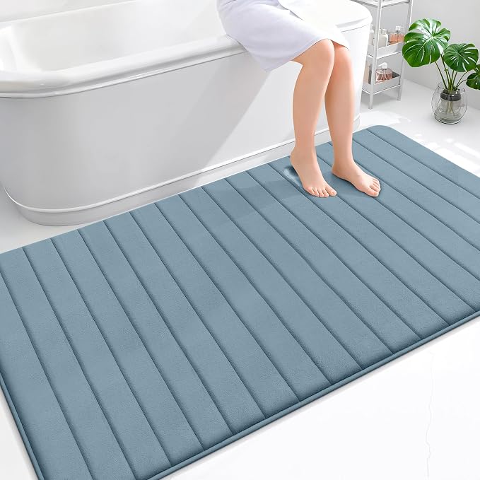 OLANLY Memory Foam Bath Mat 70x46, Super Soft Absorbent Bathroom Rugs, Quick Dry, Machine Washable Shower Floor Rugs, Bathmat Carpet, Bathroom Home Decor Accessories, Airy Blue