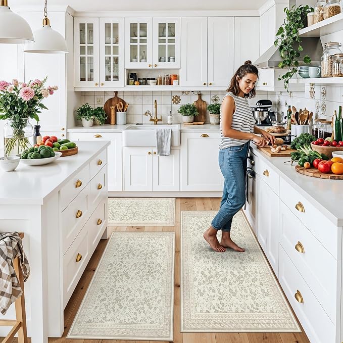 Kitchen Rug Sets 3 Piece, Washable Non-Slip Farmhouse Kitchen Mats for Hardwood Floor, Rustic Floral Boho Runner Rug for Sink,Entryway & Hallway & Bathroom (Beige/Floral,2x3-2x4-2x5)