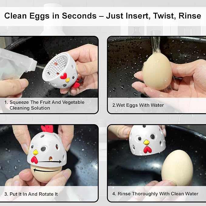 Egg Washer for Fresh Eggs, Egg Scrubber for Fresh Eggs, Reusable Silicone Chicken Shaped Scrubs, Chicken Egg Cleaner, Eggshell Cleaner for Poultry Farm, Housewife Kitchen Helper Tool (White Chick Cap)