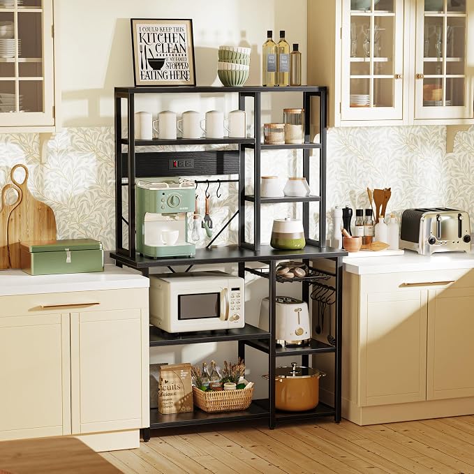 SUPERJARE Large Bakers Rack with Power Outlets, 6-Tier Microwave Stand, Coffee Bar with 12 S-Shaped Hooks, Kitchen Shelf with Wire Basket, 39.4 x 14.6 x 66.9 Inches, Black