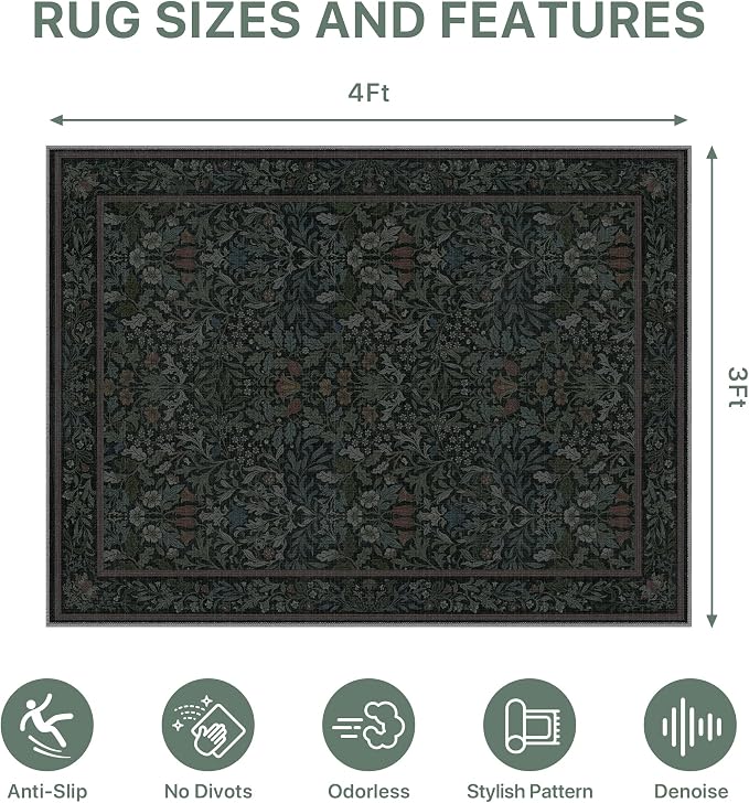 36"x48" Office Chair Mat for Hardwood Tile Floor, Under Desk Carpet Protector for Rolling Computer Chair Mat, Machine Washable Area Rug, Anti-Slip 1/5" Thick Low Pile Thin Vinyl Floor Mat, Dark Green