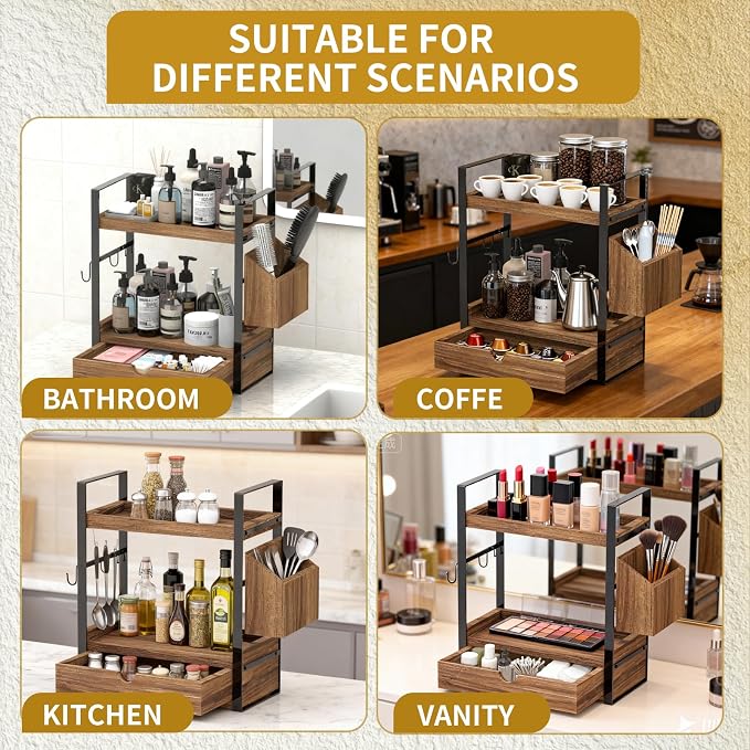 2-Tired Bathroom Counter Organizers and Storage, Bathroom Countertop Organizer with Drawer, Solid Wood Skincare Perfume Organizer for Vanity Kitchen Corner Shelf Office Countertop (Drak Brown)