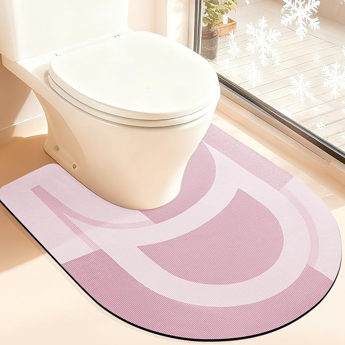ACCUMTEK Non Slip Bath Mat, Thin Bathroom Rugs Fit Under Door, Quick Dry Bath Mats, Machine Washable Bath Rugs for Bathroom, Bathtub & Kitchen, Pink/Bordered/U-Shaped 24"x20"