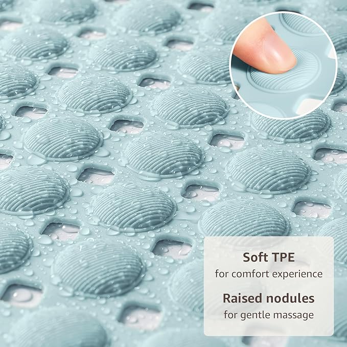 OTHWAY Bath Tub Shower Mat Non Slip, Bathtub Floor Liner Mats for Inside Shower Bathroom, Suction Cups and Drain Holes for Feet Scrubbing, Machine Washable, Soft on Feet, 35x16 Inch, Light Blue