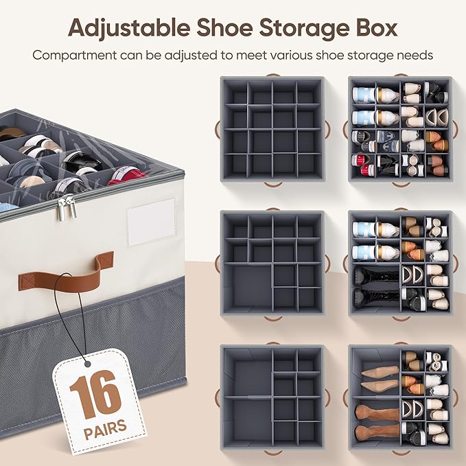 Shoe Organizer for Closet, 2 Pack Shoe Storage Containers with Adjustable Dividers, Space Saving Shoe Box Organizers Bins with Clear Lids & 4 Handles, Fits 16-32 Pairs, Beige & Grey