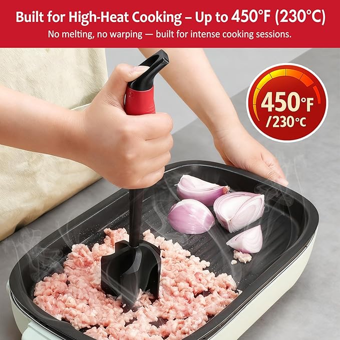 Ourokhome Meat Chopper and Potato Masher, Heat Resistant Nylon Ground Beef Smasher for Hamburger, 5 Curved Blades Nonstick Safe Mixer & Stirrer, Practical Kitchen Gadgets, Black Red
