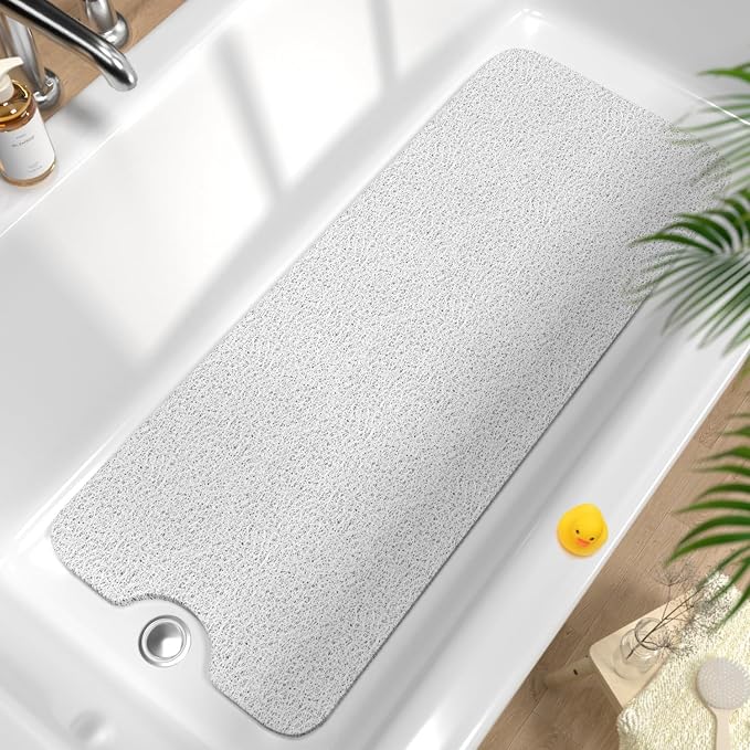 HITSLAM Non Slip Bathtub Mat 40 x 16 Inch, Extra Long Bath Mat for Tub, Soft PVC Loofah Shower Floor Mat with Drain, Quick Drying Bathroom Tub Mat for Wet Area, Without Suction Cup, White