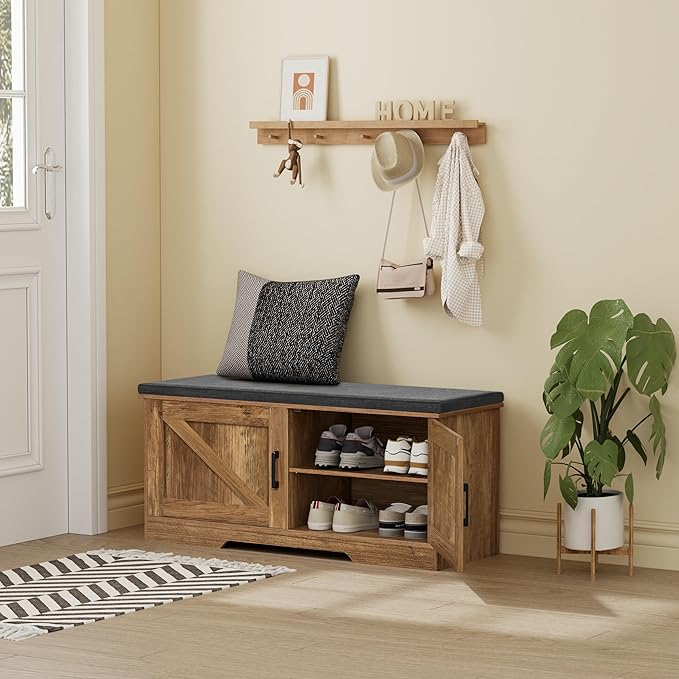 HOMSHO 2-Tier Storage Bench, 39.4" Wide Shoe Bench with Padded Seat Cushion, Entryway Bench with 2 Barn Doors and Adjustable Shelf, Rustic Walnut