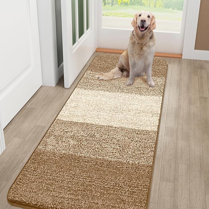 Smiry Dog Door Mat for Muddy Paws, Absorbs Moisture and Dirt, Low-Profile Entryway Mat with Non-Slip Backing, Entry Indoor Outdoor Doormat for Inside Floor (48x30 Inches, Camel, Striped)