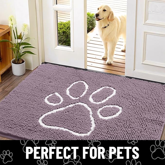Smiry Dog Door Mat for Muddy Paws, Absorbent Dirt Trapper Non Slip Quick Dry Washable Chenille Mat for Mud Dogs, Entry Rug for Indoor and Outdoor (36x24 Inches, Deep Plum and White)